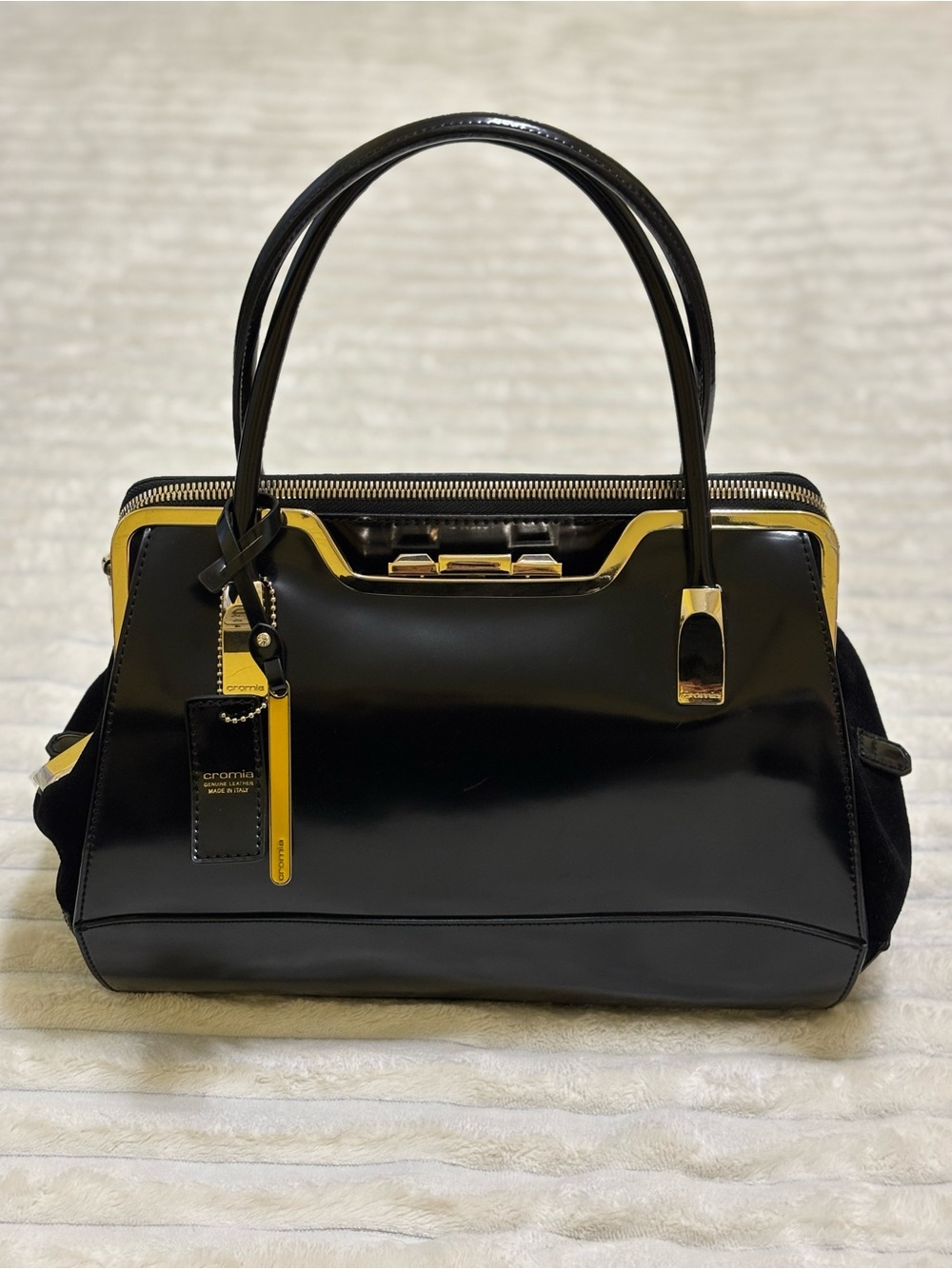 Cromia black Italian leather structured satchel top handle doctor gold hardware